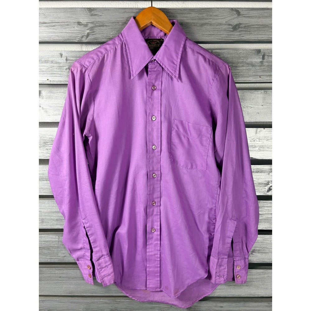 Vintage 70s Campus Mens Purple Button Down Shirt Small Tapered disco big collar